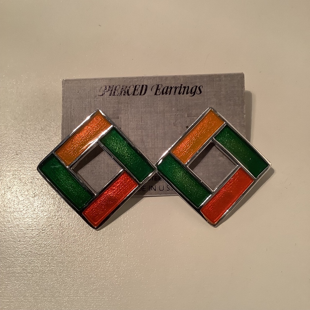 Vintage Norma Jean Designs cloisonné square pierced earrings
